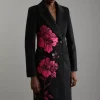 Wool Blend Satin Applique Embellished Double Breasted Tailored Midi Coat