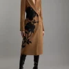 Wool Blend Taffeta Applique Embellished Double Breasted Tailored Midi Coat