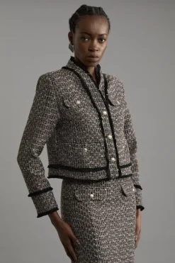Wool Mix Boucle Tailored Cropped Collarless Jacket