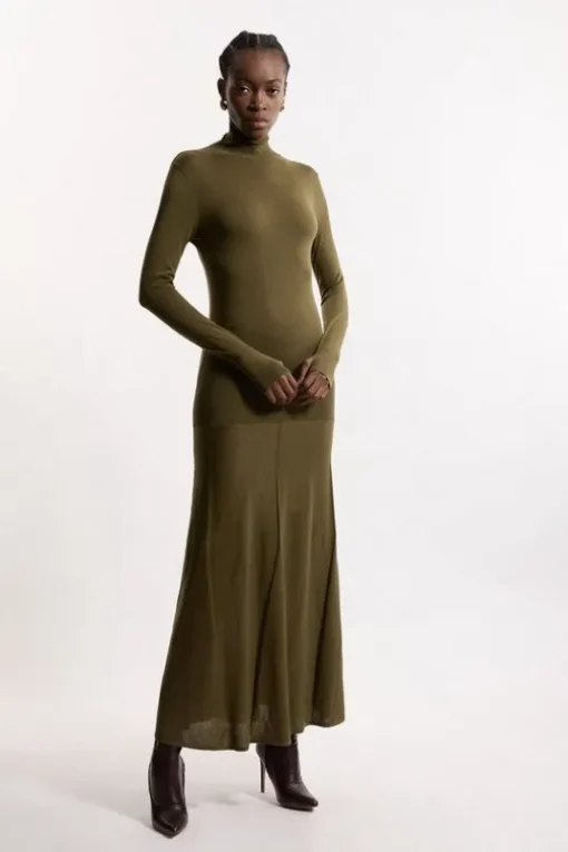Wool Tencel Full Skirted Maxi Knit Dress