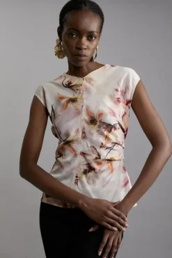 Abstract Floral Satin Crepe Woven Gathered Detail Top
