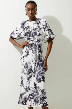 Abstract Floral Satin Woven Midi Dress