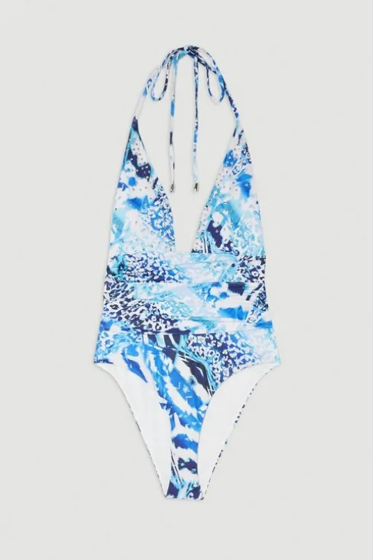 Abstract Print Embellished Trim Tie Detail Swimsuit