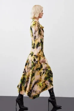 Abstract Print Viscose Satin Asymmetric Woven Maxi Dress