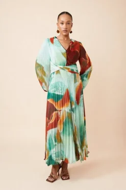 Abstract Printed Soft Pleated Woven Maxi Dress