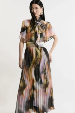 Abstract Pussy Bow Tie Georgette Belted Woven Midi Dress