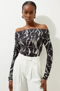 Abstract Spot Jersey Crepe Off The Shoulder Bodysuit