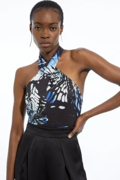 Abstract Swirl Printed Jersey Crepe Cross Neck Bodysuit