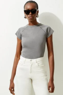 Acid Wash Compact Jersey Rib Cap Sleeve Tee