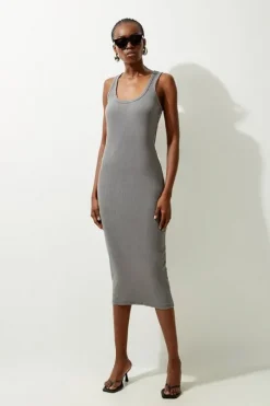 Acid Wash Compact Jersey Rib Racer Midi Dress