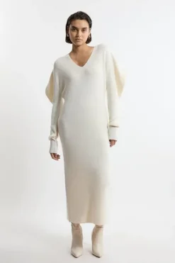 Alpaca Wool Blend Full Sleeve All Over Ribbed V Neck Knit Dress