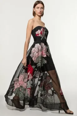 Applique And Embroidered Organdie Woven Midaxi Bandeau Dress With Beading