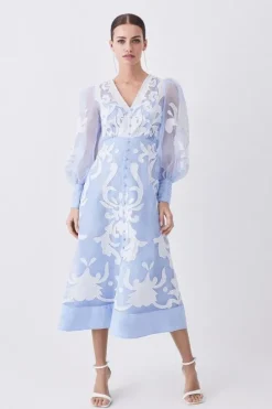 Applique Organdie Buttoned Woven Midi Dress
