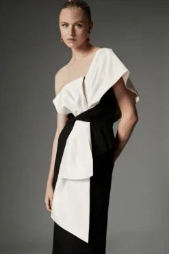 Archive Collection - Bow Detail One Shoulder Crepe Woven Midi Dress