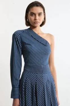 Asymmetric Cotton Striped Woven Long Sleeved Shirt