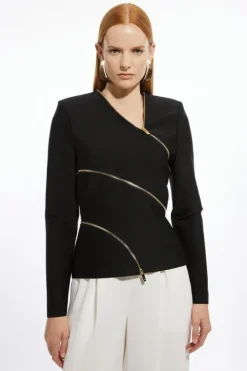 Asymmetric Zip Detail Figure Form Bandage Knit Top