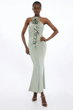 Backless Tie Rosette Slinky Jersey Maxi Dress