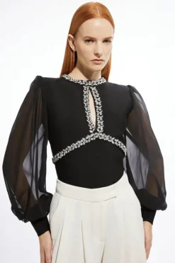 Bandage Embellished And Chiffon Sleeve Figure Form Knit Top