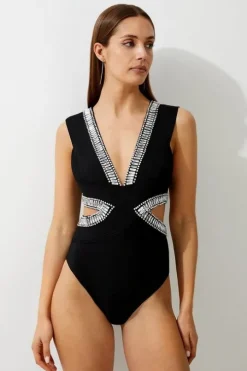 Bandage Embellished Trim Cut Out Swimsuit