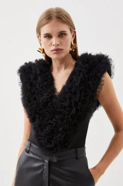 Bandage Figure Form Knit Tulle Detail Bodysuit