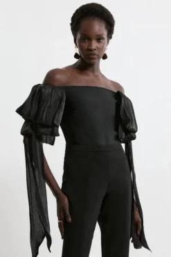 Bandage Figure Form Knit Tassel Sleeve Detail Top