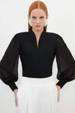 Bandage Figure Form Zip Detail Chiffon Sleeve Knit Top