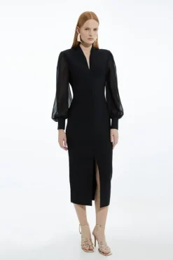 Bandage Figure Form Zip Detail Chiffon Sleeve Knit Dress