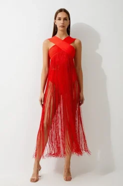 Bandage V Neck Cut Out Fringed Bikini Top