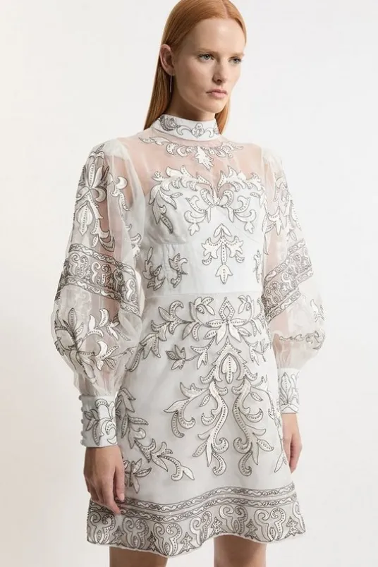 Baroque Organdie Applique Buttoned Woven Mini Dress