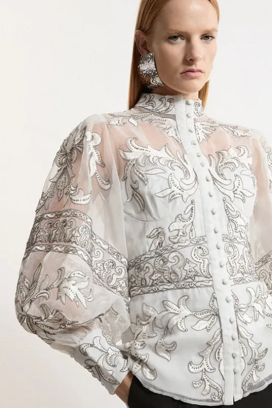 Baroque Organdie Applique Buttoned Woven High Neck Blouse