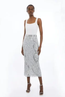Beaded And Embellished Woven Pencil Skirt