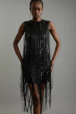 Beaded Fringed Sleeveless Woven Midi Dress