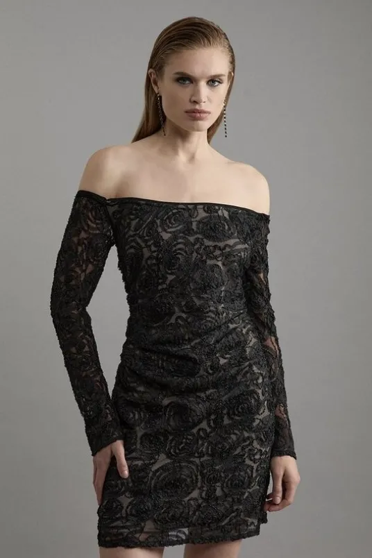 Beaded Textured Lace Woven Mini Dress