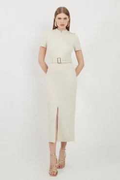 Belted Detail Ponte Jersey Short Sleeve Midi Dress