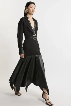 Belted Pu And Ponte Jersey Frill Hem Midi Dress