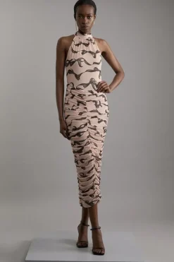 Black Bow Jersey Mesh Halter Ruched Midi Dress