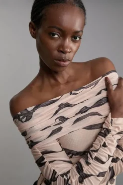 Black Bow Jersey Mesh Off The Shoulder Bodysuit