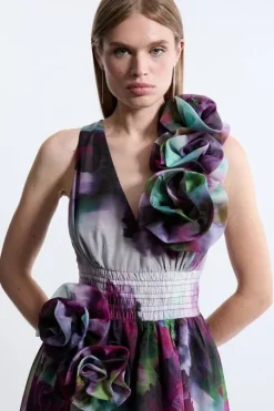 Blurred Floral Organdie Rosette Detail Midaxi Dress