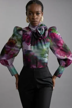 Blurred Floral Tie Detail Woven Organdie Blouse