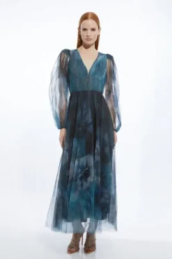 Blurred Floral Tulle Plunge Maxi Dress