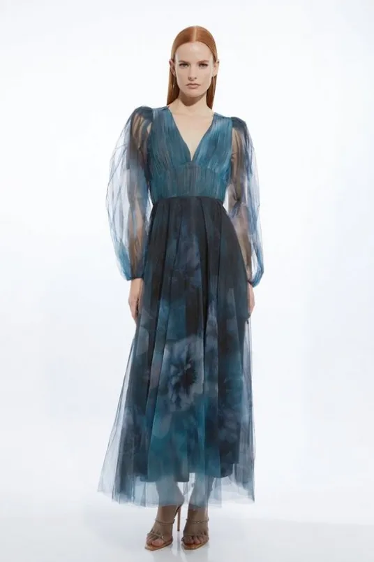 Blurred Floral Tulle Plunge Maxi Dress