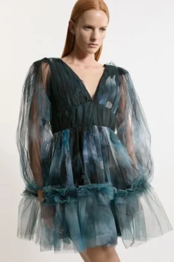 Blurred Floral Tulle Plunge Mini Dress