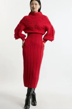 Bobble Detail Balloon Sleeve Cable Knit Viscose Blend Midaxi Dress