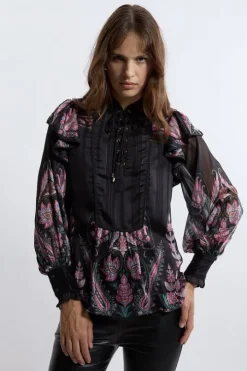 Boho Floral Woven Blouse With Lace Front Detail