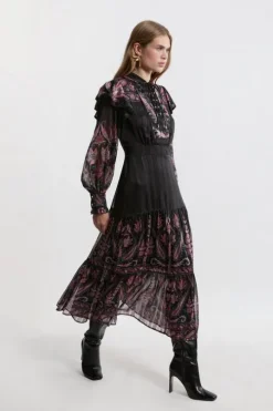 Boho Floral Woven Midaxi Dress With Lace Front Detail