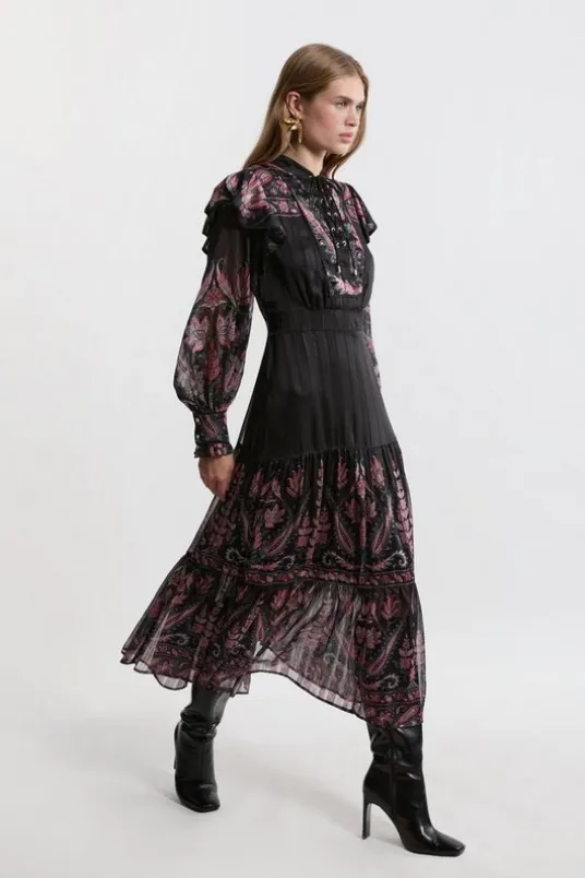 Boho Floral Woven Midaxi Dress With Lace Front Detail