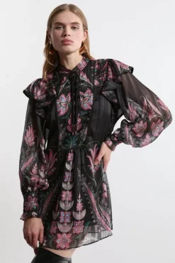 Boho Floral Woven Mini Dress With Lace Front Detail