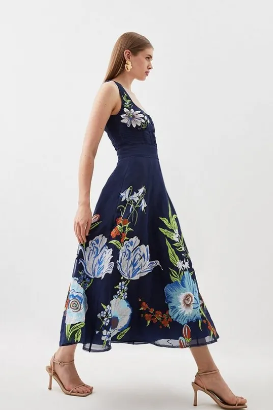 Botanical Embroidery Organdie Strappy Midi Dress