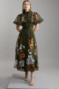 Botanical Embroidery Organdie Angel Sleeve Midi Dress