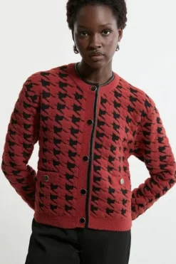 Boucle Jacquard Dogtooth Knit Pu Trim Jacket